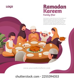 Ramadan Greeting Square Social Media Post Template With Muslim Family Iftar Illustration