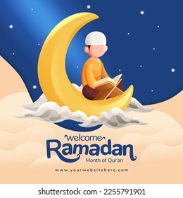 Ramadan Greeting Square Social Media Post Template With Muslim Man Reading Quran on Crescent Moon Illustration
