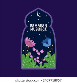 Ramadan greeting template design with dark purple color. Suitable for social media, banner, or greeting cards. Islamic background template with flowers and plant element inside Arabic window frame