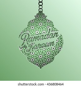 Ramadan Greeting Template Design Element. Paper with Cut Out Shape of Arabic Lamp and Green Ornament Pattern. Vector Illustration.