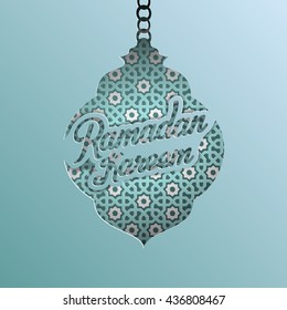 Ramadan Greeting Template Design Element. Paper with Cut Out Shape of Arabic Lamp and Blue Ornament Pattern. Vector Illustration.