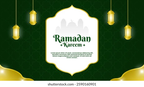 Ramadan greeting template with gold hanging lantern on green background