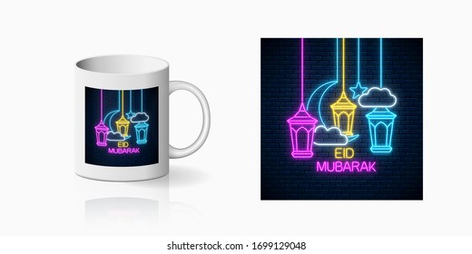 Ramadan greeting text with fanus lanterns, star and crescent design, banner in neon style on mug mockup. Neon ramadan holy month symbol for cup design. Eid mubarak greetings. Vector design element