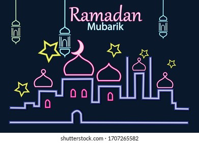 Texto de bienvenida de Ramadán con faroles, diseño estrella y media luna, banner en estilo neón.Elemento de diseño vectorial