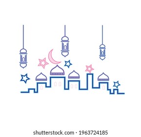 Ramadan greeting text with fauns lanterns, star and crescent design, banner in neon style. Vector design element