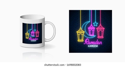 Ramadan greeting text with star, crescent and fanus lanterns design, banner in neon style on mug mockup. Neon ramadan holy month symbol for cup design. Vector shiny design element