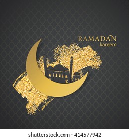 Ramadan greetings background. Ramadan kareem. Festive Ramadan card design. Paper mosque on golden glitter background. Vector illustration.