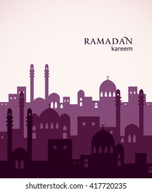 Ramadan greetings background. View of arabian city with mosque. Vector illustration