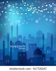 Ramadan greetings background. View of arabian city with mosque in blue night background with shiny lights. Vector illustration