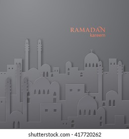 Ramadan greetings background. View of arabian city with mosque made from paper. Vector illustration