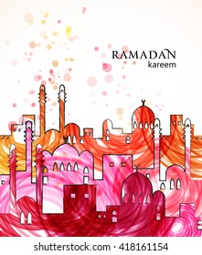 Ramadan greetings background. View of arabian city with mosque in bright colors. Vector illustration