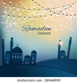 Ramadan Greetings Background. View Of Mosque In  Blue Night Background With Shiny Lights. Vector Illustration