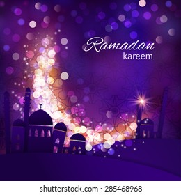 Ramadan greetings background. View of mosque in shiny purple night background. Vector illustration