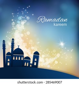 Ramadan greetings background. View of mosque in shiny blue night background. Vector illustration