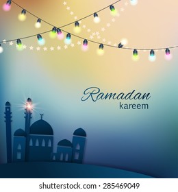 Ramadan greetings background. View of mosque in shiny blue night background with colorful lights. Vector illustration