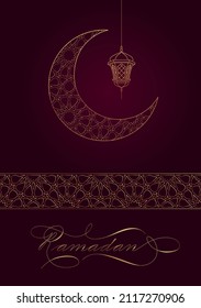 Ramadan Greetings card with modern calligraphy on red background. Ramadan Kareem means Blessed Ramadan. Vector illustration.