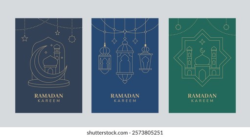 Ramadan greetings card template minimalism style with lantern, crescent moon, and stars.