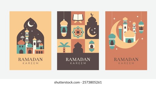 Ramadan greetings card template minimalism style with lantern, crescent moon, and stars in geometric flat style.