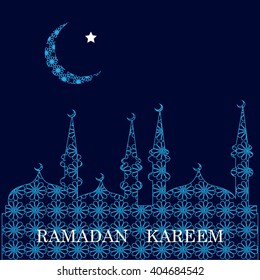 Ramadan greetings card. View of mosque in  blue night background. Vector illustration
