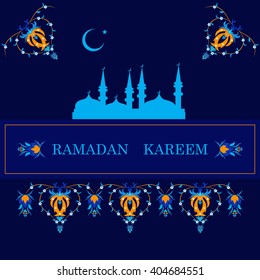 Ramadan greetings card. View of mosque in  blue night background. Vector illustration