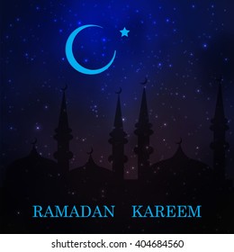 Ramadan greetings card. View of mosque in  blue night background. Vector illustration