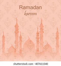 Ramadan greetings card. View of mosque in night background. Vector illustration