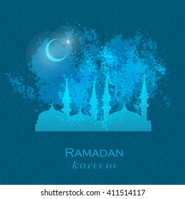 Ramadan greetings card. View of mosque in night background. Vector illustration