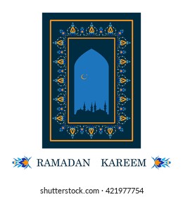 Ramadan greetings card. View of mosque in night background. Vector illustration