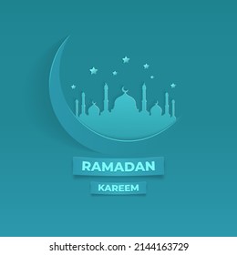 Ramadan greetings with crescent, star and mosque. suitable for social media, can also be printed.