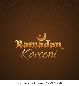 Ramadan greetings in english script. Gold lettering on a brown background with arabic ornaments. Ramadan Kareem. Vector illustration