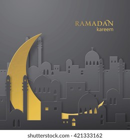 Ramadan greetings paper cut background. View of arabian city with mosque and golden moon made from paper. Ramadan kareem greeting vector background