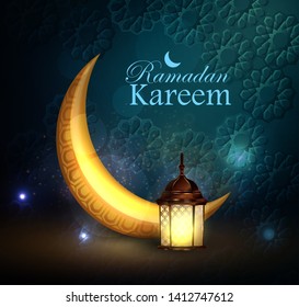 Ramadan greetings vector with moon and lantern