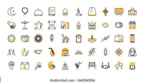 Ramadan half line half color style icon set design, Islamic muslim religion culture belief religious faith god spiritual meditation and traditional theme Vector illustration