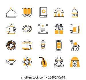 Ramadan half line half color style icon set design, Islamic muslim religion culture belief religious faith god spiritual meditation and traditional theme Vector illustration