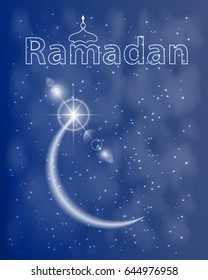 Ramadan. Half a month against the starry sky with the inscription: Ramadan. Magic and mystery. Illustration for your design. Month with a glare. Lights in the night sky.