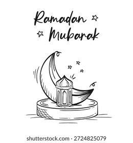 Ramadán dibujado a mano de fondo. Elementos de Ilustración vectorial de doodle de Ramadán con luna creciente y linterna en un podio. Diseño de dibujos animados de línea de estilo de boceto islámico. Eid Al Fitr fondo dibujado a mano.