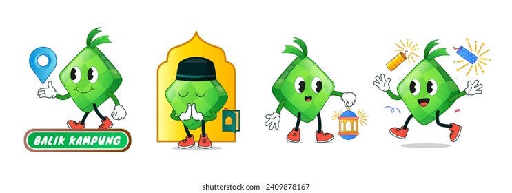 Ramadan hand drawn cute retro vintage ketupat character with location sign, islamic element, lantern and fireworks on white background. Holiday festive cartoon character set. Vector illustration.