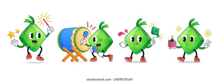 Ramadan hand drawn cute retro vintage ketupat character with fireworks, stars, drum and pelita oil lamp on white background. Holiday festive cartoon character set. Vector illustration.