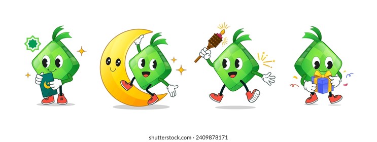 Ramadan hand drawn cute retro vintage ketupat character with green packet, crescent moon, pelita oil lamp and gift on white background. Holiday festive cartoon character set. Vector illustration.
