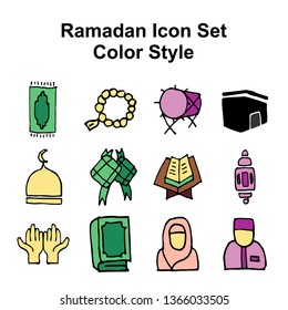 Ramadan hand drawn icon set design illustration, hand drawn style design. Quran Book, Traditional Lanterns, Mosque and Rosary, Kaaba, Holiday Food, Drum