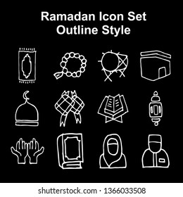 Ramadan hand drawn icon set design illustration, hand drawn style design. Quran Book, Traditional Lanterns, Mosque and Rosary, Kaaba, Holiday Food, Drum