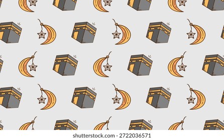 Ramadán dibujado a mano ilustración de fondo. Kaaba islámica, luna creciente y estrella doodle Vector sin patrón. Estilo de boceto de color de línea de arte de dibujos animados musulmanes icono de fondo de azulejos.
