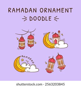 Ramadan hand drawn illustration pack. Set of Islamic ornament doodle vector design elements. Sketch style outline icon of muslim, lantern, lamp, crescent, moon, and cloud