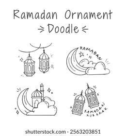 Ramadan hand drawn illustration pack. Set of Islamic doodle vector design elements. Sketch style line art muslim cartoon icon collection.