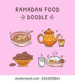 Ramadan hand drawn illustration pack. Set of Islamic iftar food doodle vector design elements. Sketch style outline icon of teapot, kettle, dates, rice, indonesian dessert food. 