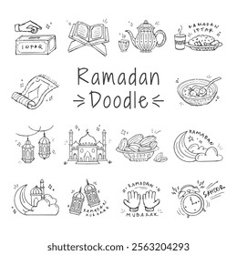 Ramadan hand drawn illustration pack. Set of Islamic doodle vector design elements. Sketch style line art muslim cartoon icon collection.