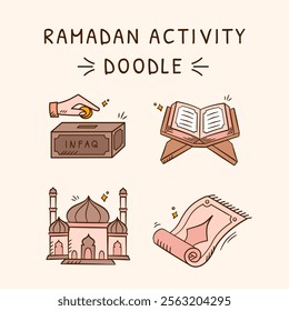 Ramadan hand drawn illustration pack. Set of Islamic praying activity doodle vector design elements. Sketch style outline icon of muslim quran, prayer mat, mosque and charity.