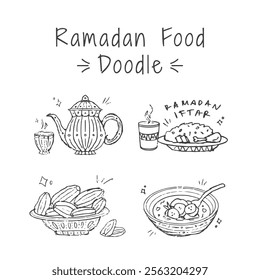 Ramadan hand drawn illustration pack. Set of Islamic iftar food doodle vector design elements. Sketch style outline icon of teapot, kettle, dates, rice, indonesian dessert food. 