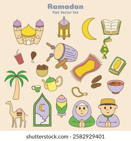 Ramadan hand drawn illustration pack. Set of Islamic flat vector design elements. muslim cartoon icon collection.