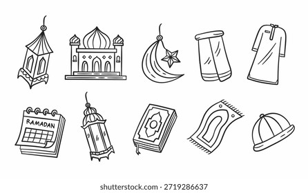 Paquete de ilustración dibujado a mano de Ramadán. Conjunto de Elementos de diseño islámicos de Vector doodle. Colección de iconos de dibujos animados musulmanes de estilo de boceto que contiene mezquita, corán, estera y gorra de oración, sarong, linterna.